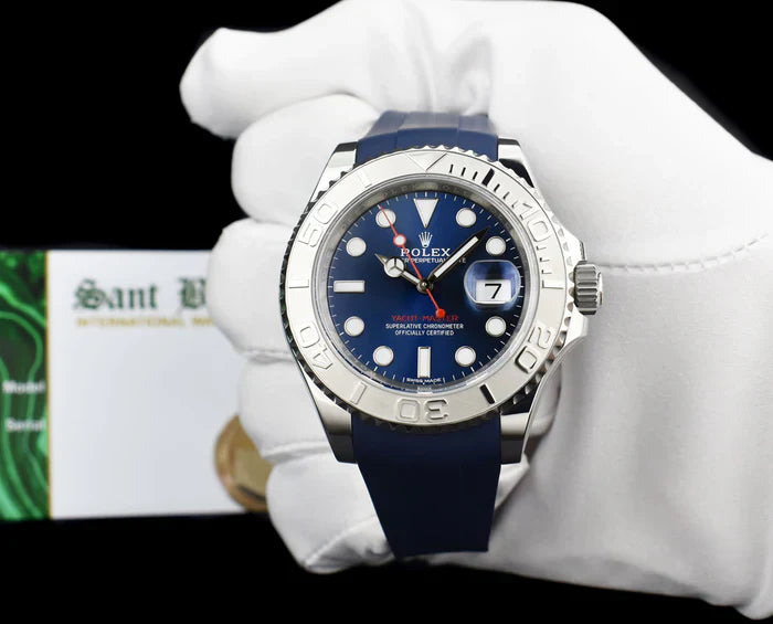 ROLEX | YACHT-MASTER 40 STAINLESS STEEL PLATINUM BEZEL BLUE DIAL WITH BLUE RUBBERB
